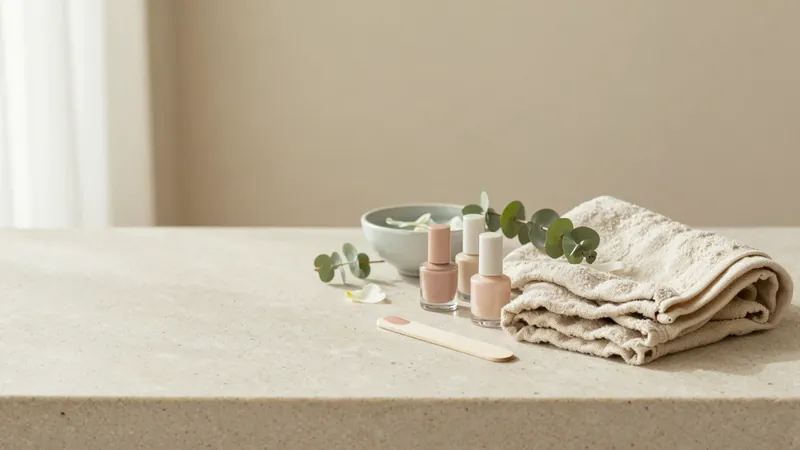 Nude nail polish bottles, eucalyptus and a soft folded towel on a stone counter