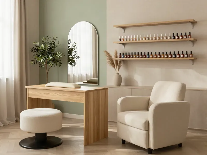 Calm, minimalist manicure station with a sage accent wall and shelves of nail polish