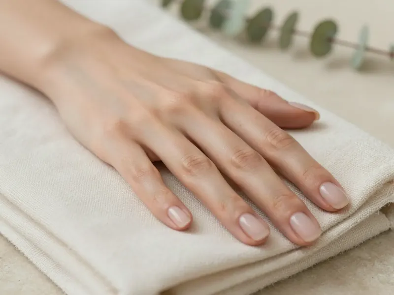 Close-up of a hand with a fresh natural-nude manicure resting on a linen towel