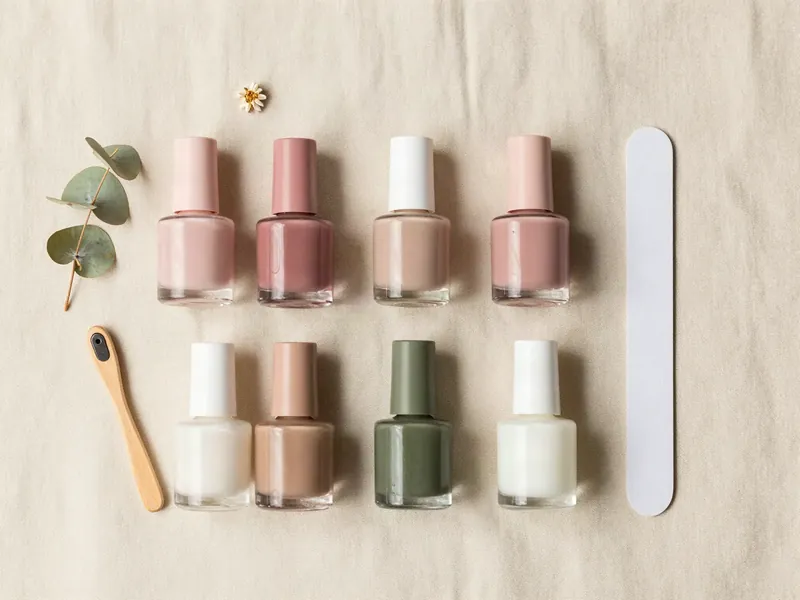 Flat-lay of nail polish bottles in blush, nude, sage and white with a nail file