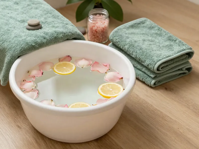 Pedicure foot soak with rose petals and lemon slices beside sage-green towels