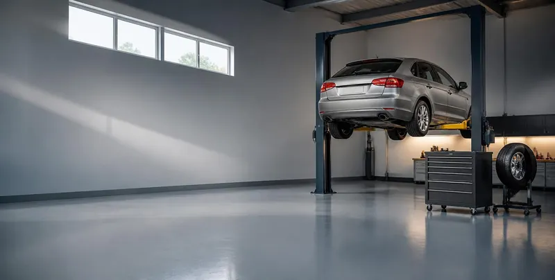 Clean, bright auto repair bay with a silver car raised on a two-post lift