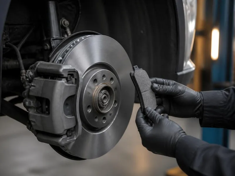 Technician's gloved hands holding a new brake pad beside a brake rotor and caliper