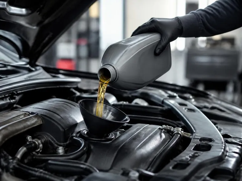 Gloved hand pouring fresh motor oil through a funnel into an engine