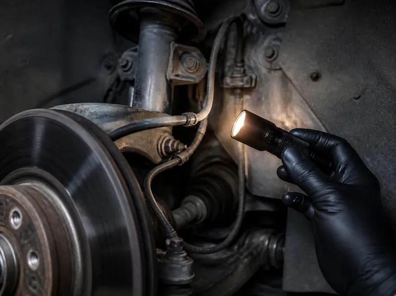 Gloved hand shining a flashlight on a car's suspension and brake lines during an inspection