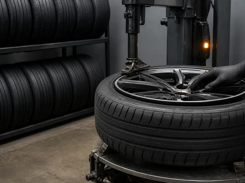 Gloved hand on an alloy wheel mounted on a tire-changing machine, with a rack of tires behind