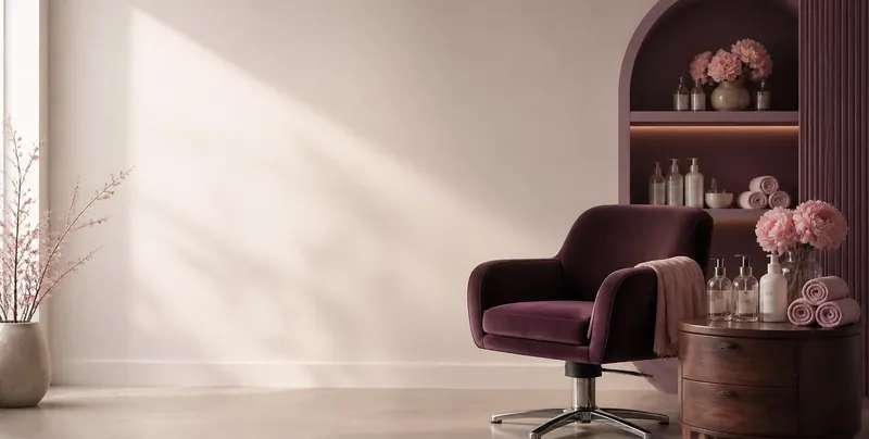 Calm salon corner with a plum velvet styling chair, pink peonies and rolled blush towels against a warm off-white wall