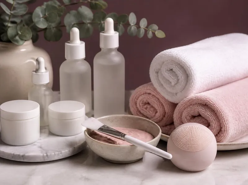 Facial treatment set-up: frosted dropper bottles, cream jars, a pink clay mask with brush, a cleansing brush and rolled towels