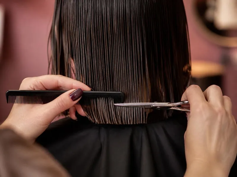 Stylist trimming a sleek dark bob with scissors and a comb, seen from behind