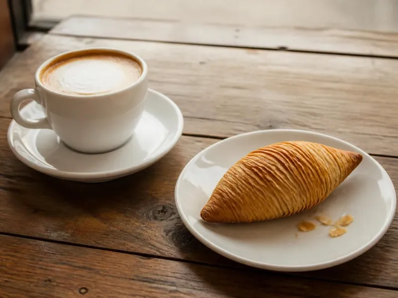 A cappuccino beside a single flaky pastizz on a rustic wooden café table