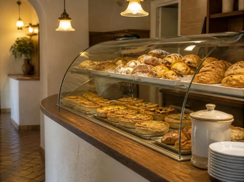 A warm bakery counter with a glass display case of golden pastries and savoury pies
