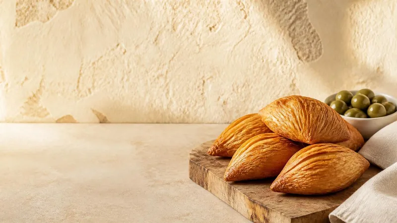 Golden, flaky diamond-shaped pastizzi on a rustic wooden board with a bowl of green olives