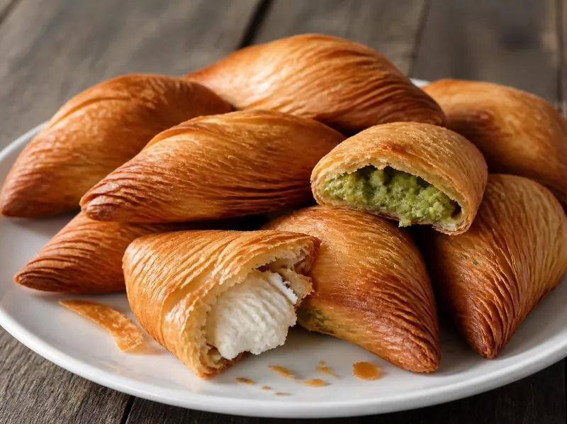 A plate of flaky Maltese pastizzi, one broken open to show ricotta and another with mushy pea filling
