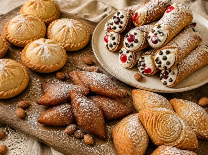 Assorted Maltese pastries: qassatat, ricotta cannoli, date imqaret and pastizzi dusted with icing sugar