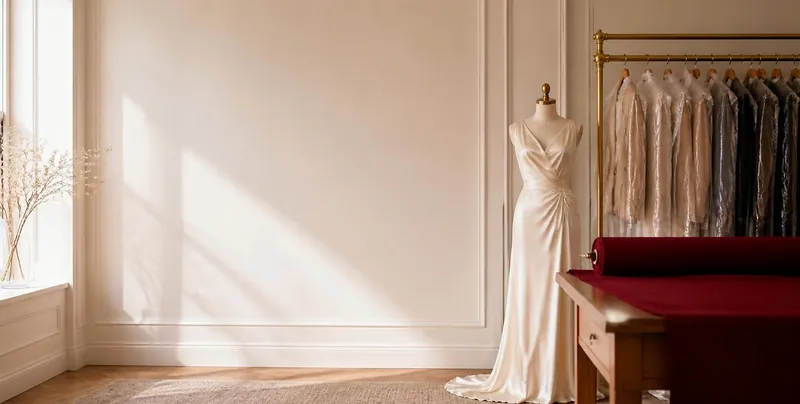 Bright tailoring studio with an ivory silk gown on a dress form, a rack of garments in clear covers and a bolt of garnet fabric