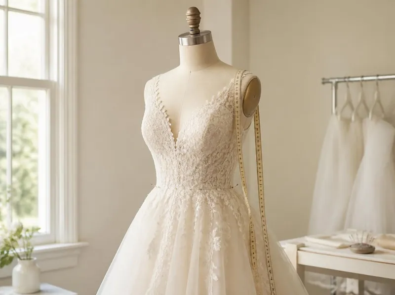 Ivory lace wedding gown on a dress form, pinned at the waist for alterations, with a tape measure over the shoulder