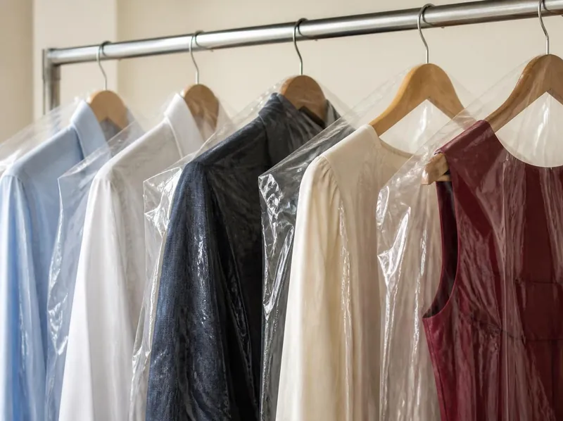 Freshly cleaned shirts, a jacket and a garnet dress hanging in clear garment bags on wooden hangers