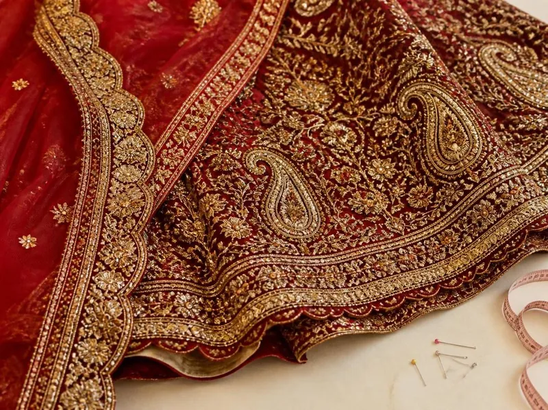 Close-up of a red and maroon bridal lehenga with gold embroidery, paisley motifs and a scalloped border