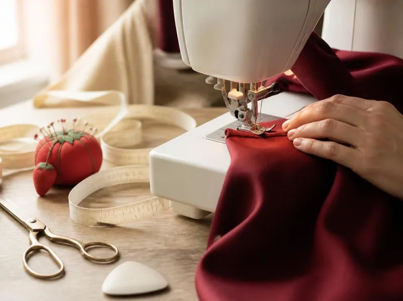 Hand guiding garnet fabric through a sewing machine beside a pincushion, tape measure and brass scissors